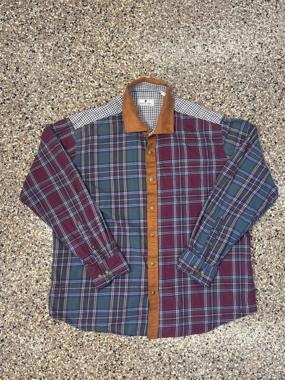 Corduroy-Trim Plaid Button-Up Shirt in Burgundy and Teal